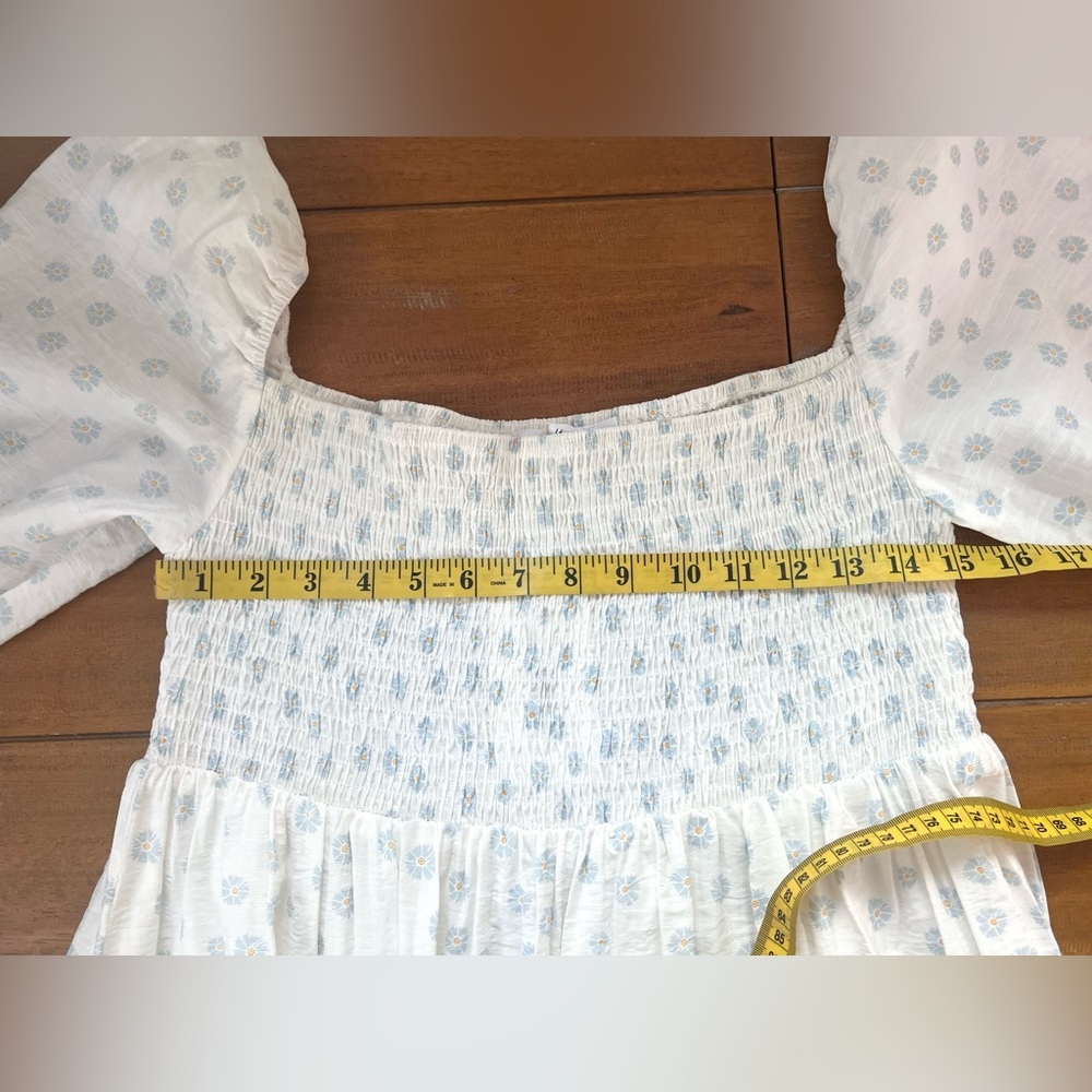 Girl And The Sun Lucia White Blue Flowered Smocked Babydoll Mini DressDress - Picture 16 of 16